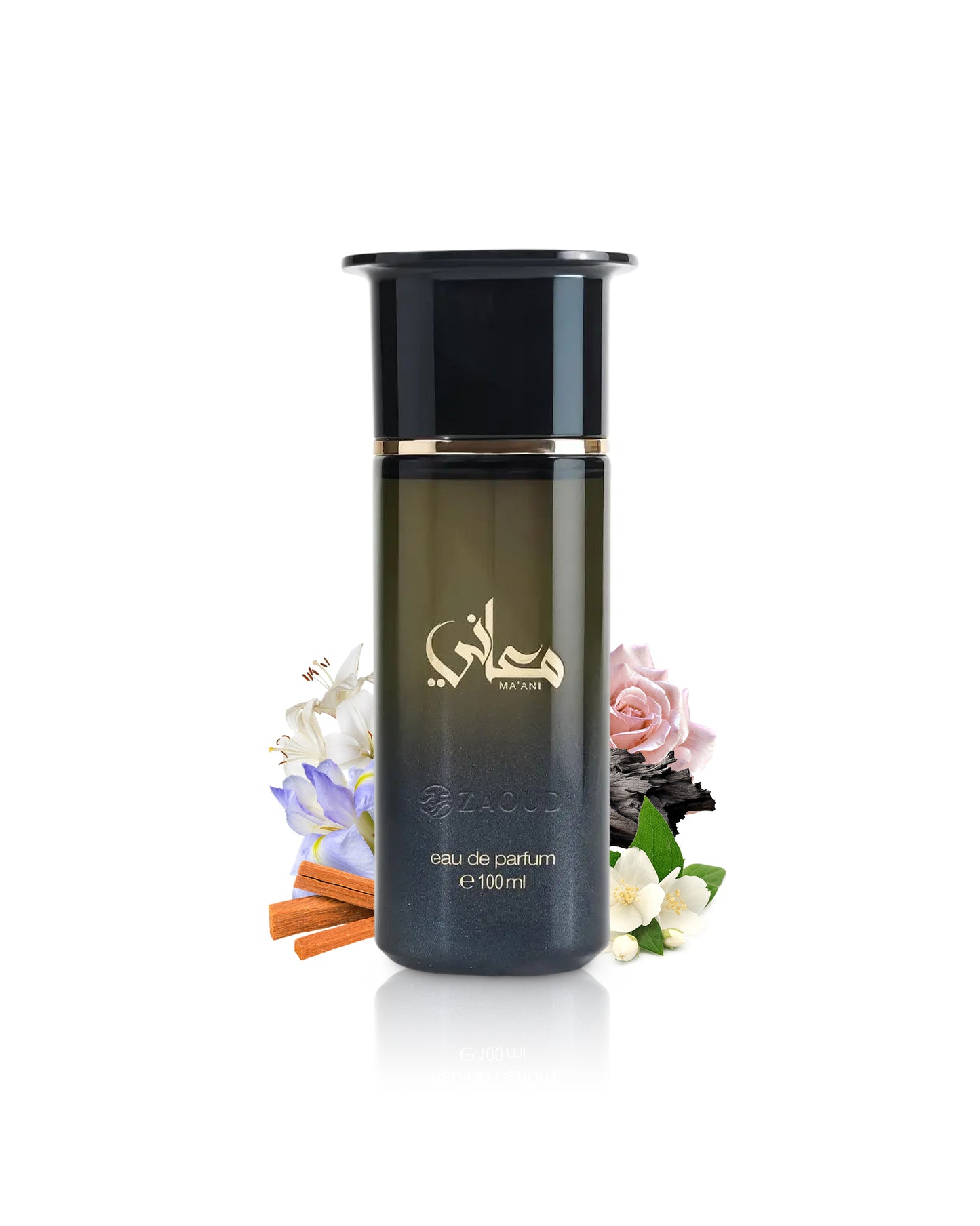 ahmed al maghribi maani perfume bottle surrounded by fragrance notes like iris and sandalwood shows against white background