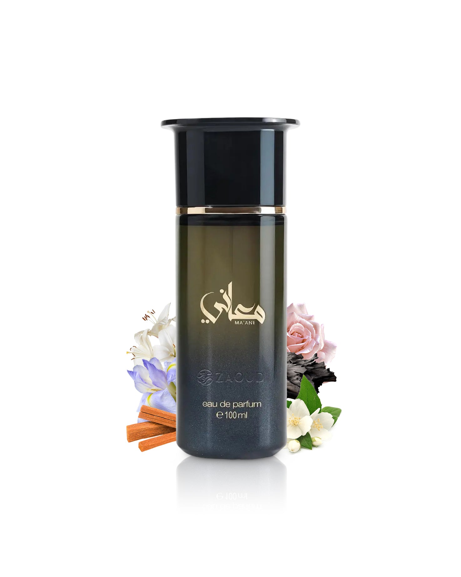 ahmed al maghribi maani perfume bottle surrounded by fragrance notes like iris and sandalwood shows against white background