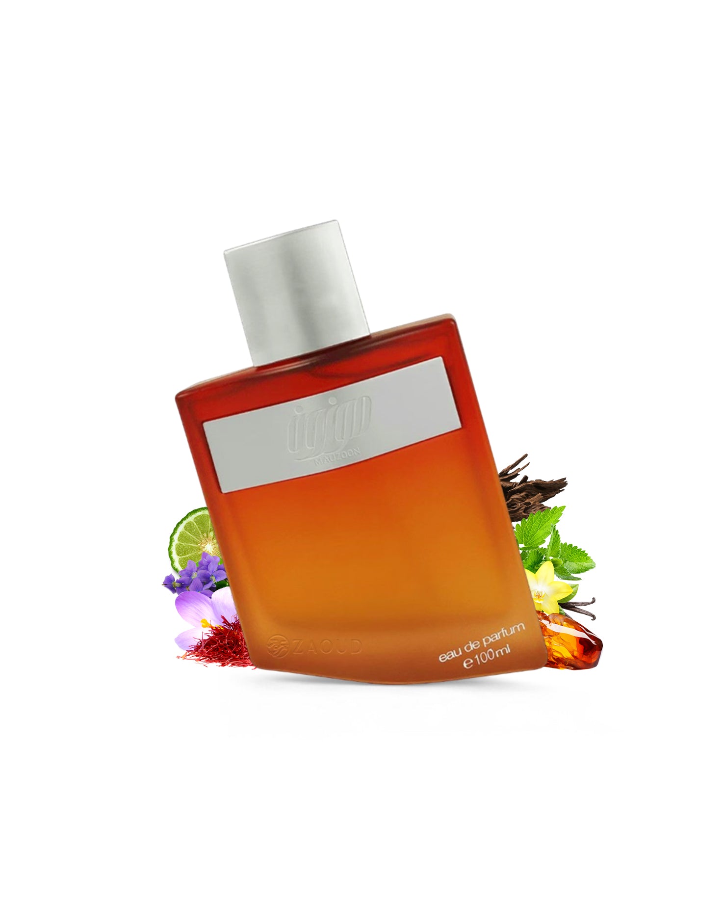 ahmed al maghribi mauzoon Orange perfume bottle with decorative elements on a white background