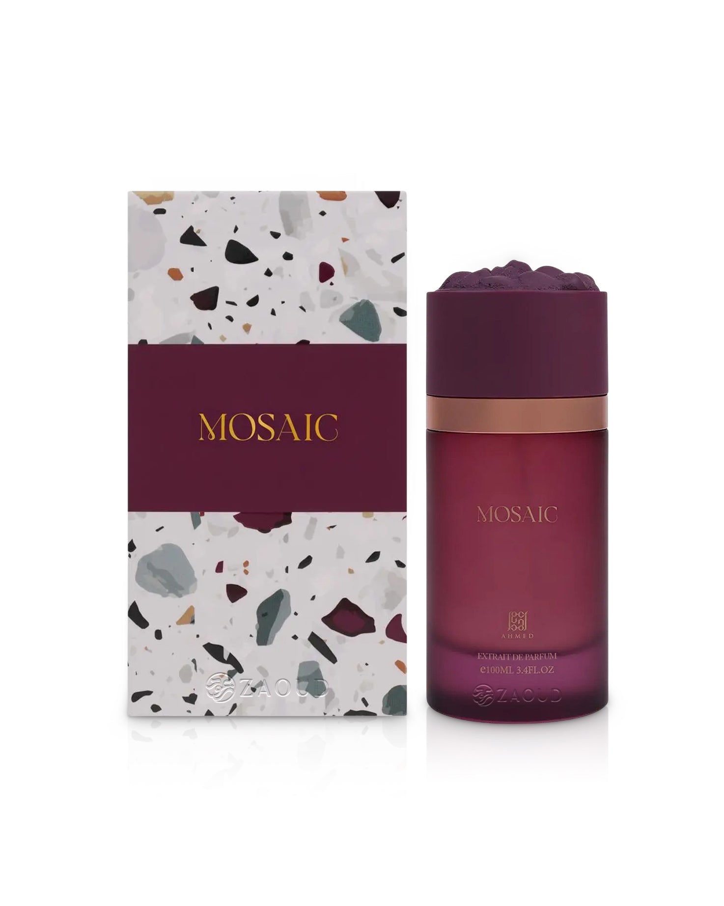 ahmed al maghribi mosaic perfume bottle shows beside its packaging against white background