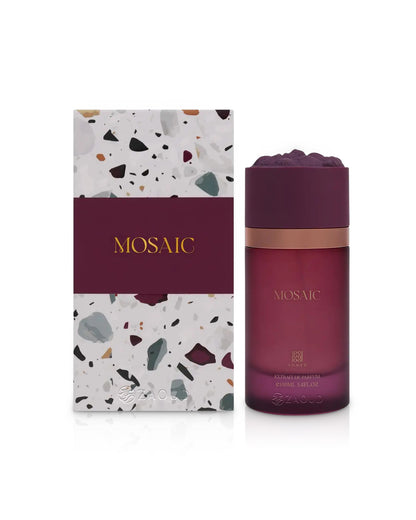 ahmed al maghribi mosaic perfume bottle shows beside its packaging against white background