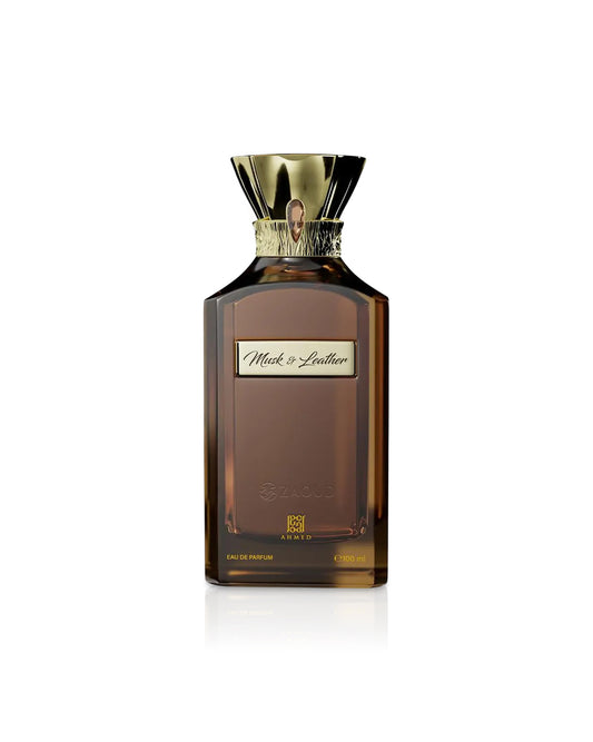 ahmed al maghribi musk and leather Brown perfume bottle with gold cap on a white background