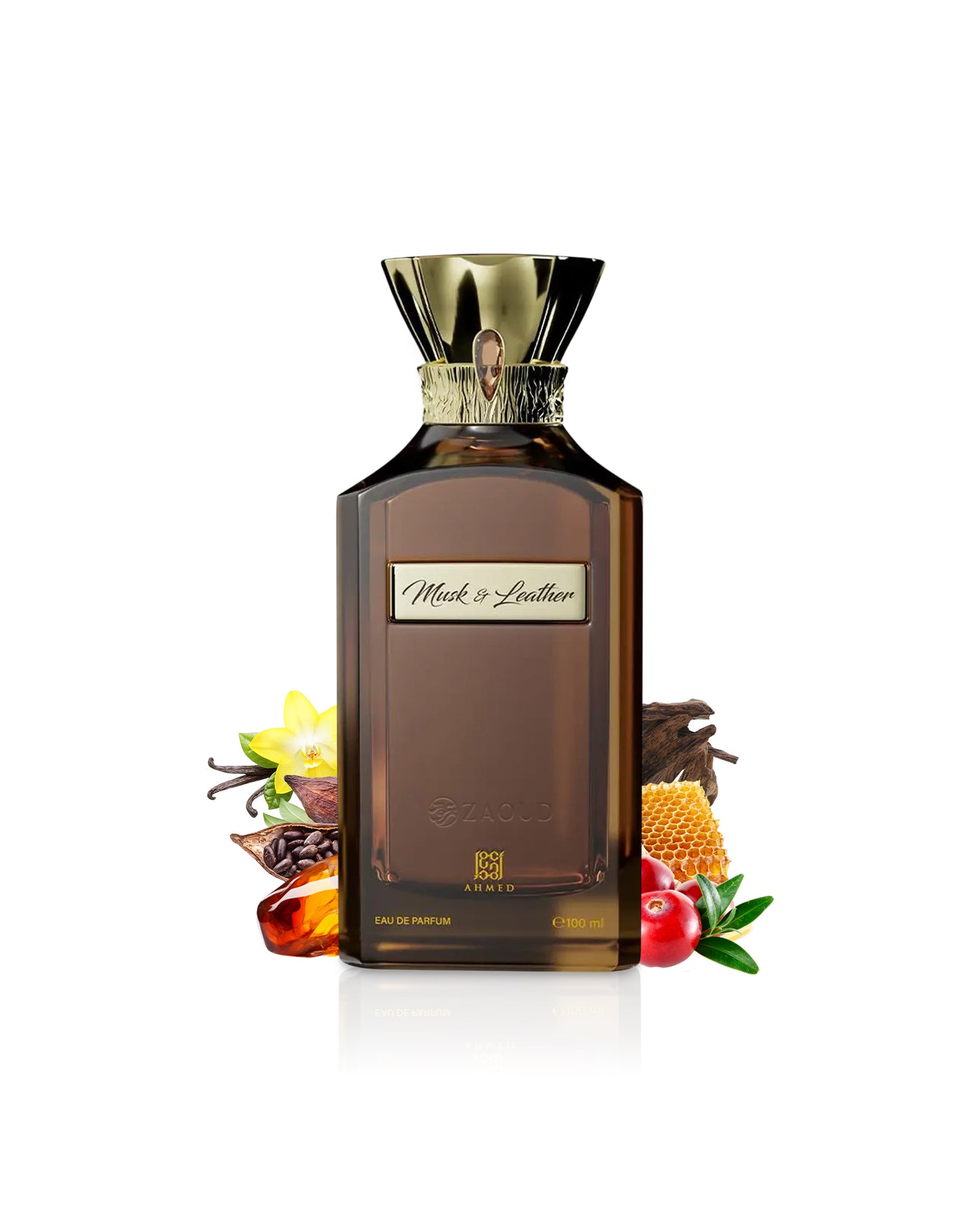 ahmed al maghribi musk and leather Perfume bottle with 'Musk & Leather' label surrounded by fruit and spice illustrations on a white background