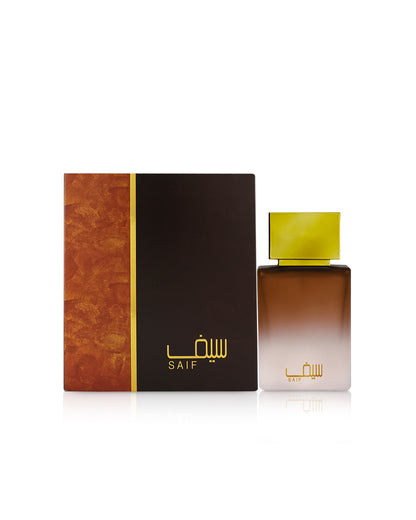 ahmed al maghribi saif perfume bottle shows beside its box against white background