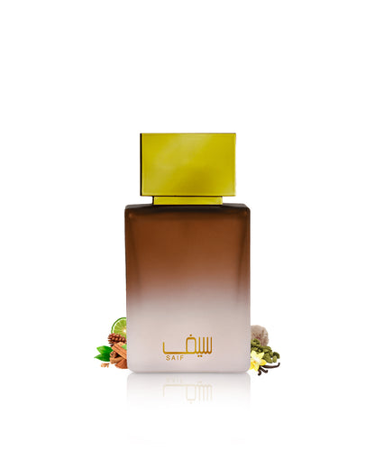 ahmed al maghribi saif perfume bottle surrounded with fragrance notes like cinnamon and cardamom shows from behind the bottle against white background