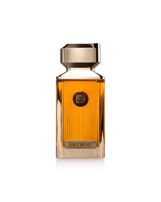 ahmed al maghribi brulee Brown perfume bottle with gold cap on a white background