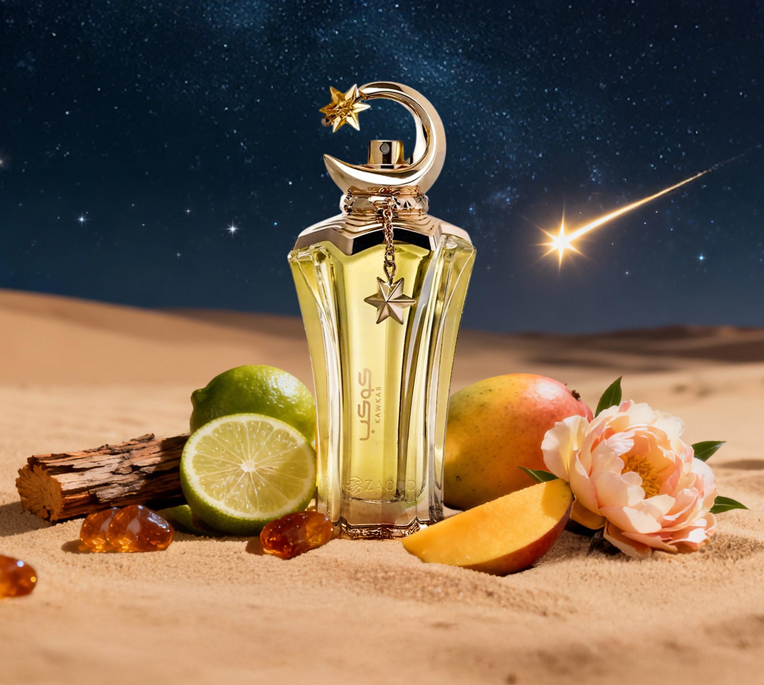 ahmed al maghribi kawkab perfume bottle surrounded by mango and lemon photograph at desert during night with stars on sky