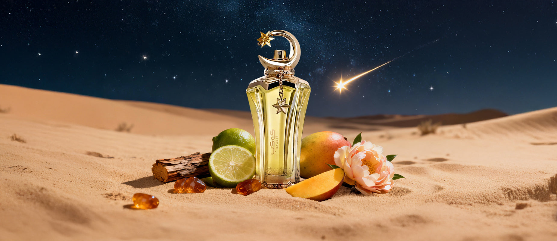ahmed al maghribi kawkab perfume bottle photograph at desert during night with stars on sky