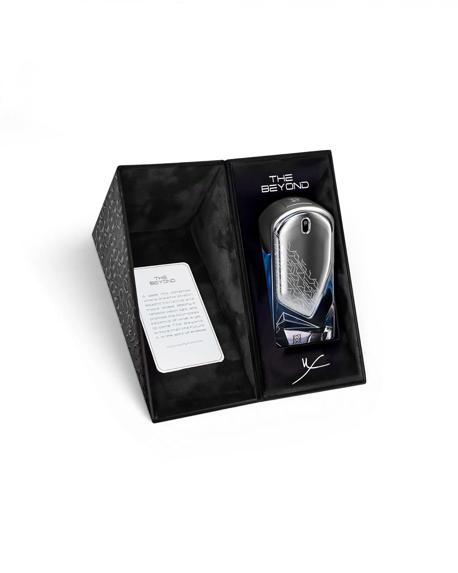 ahmed al maghribi the beyond 2050 perfume bottle shows inside from packaging against white background