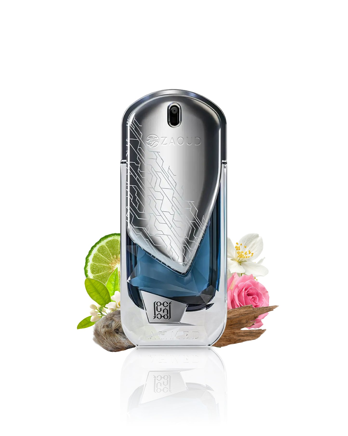 ahmed al maghribi the beyond 2050 perfume bottle surrounded by fragrance notes like oud and rose shows against white background