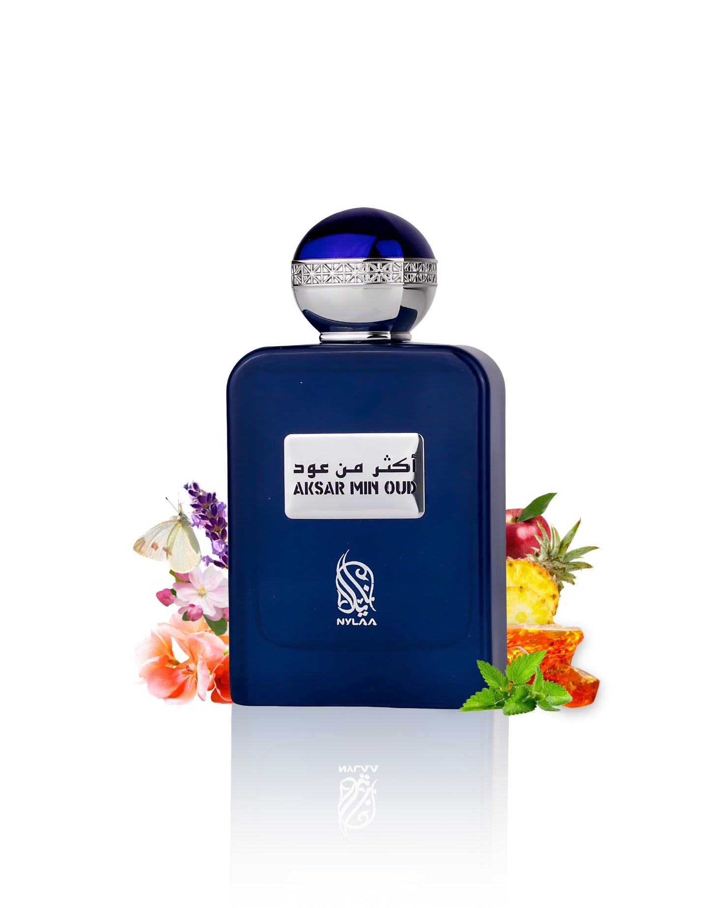 Aksar min oud perfume bottle surrounded by pineapple lavender against white background