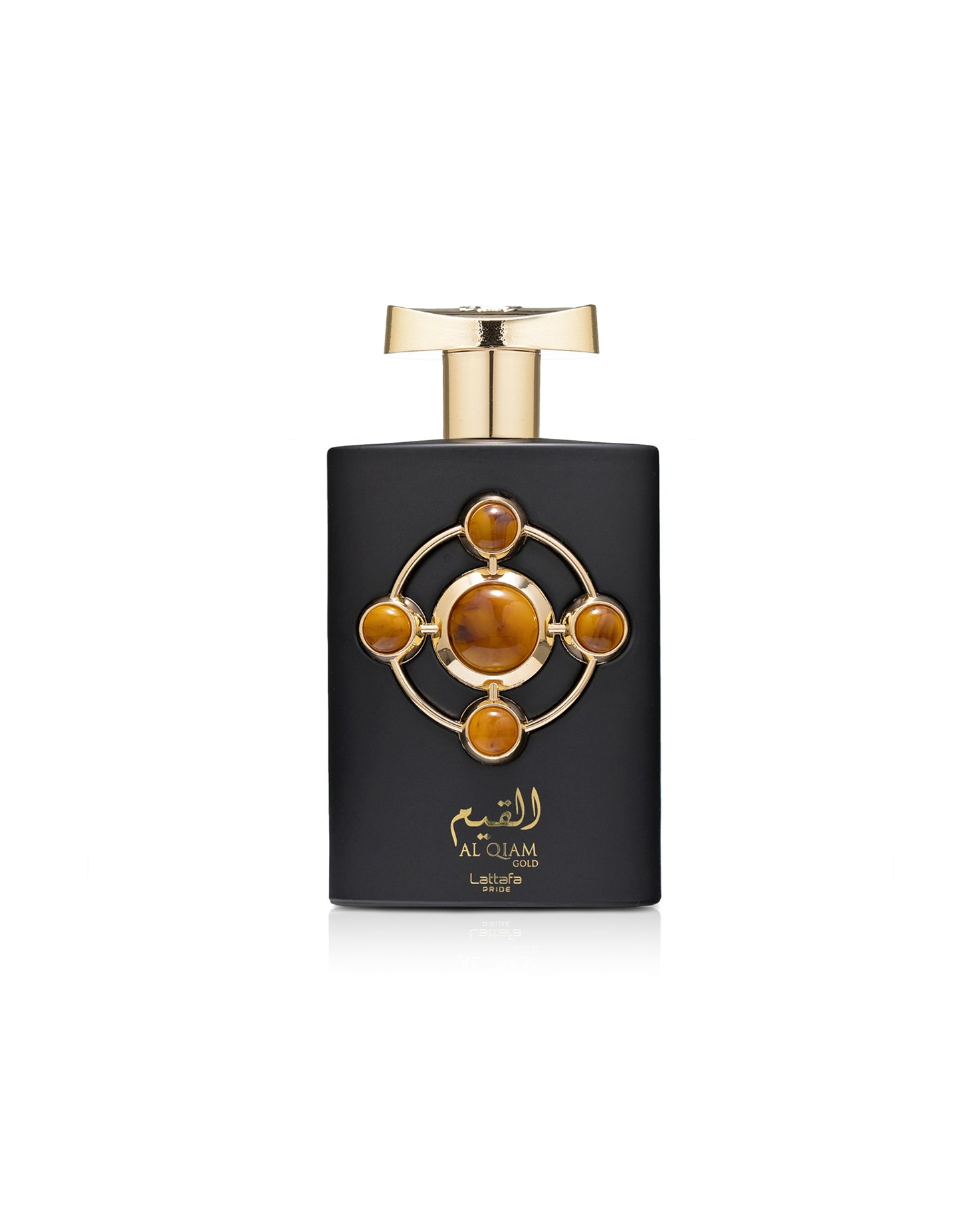 lattafa al qiam gold perfume bottle shows against white background