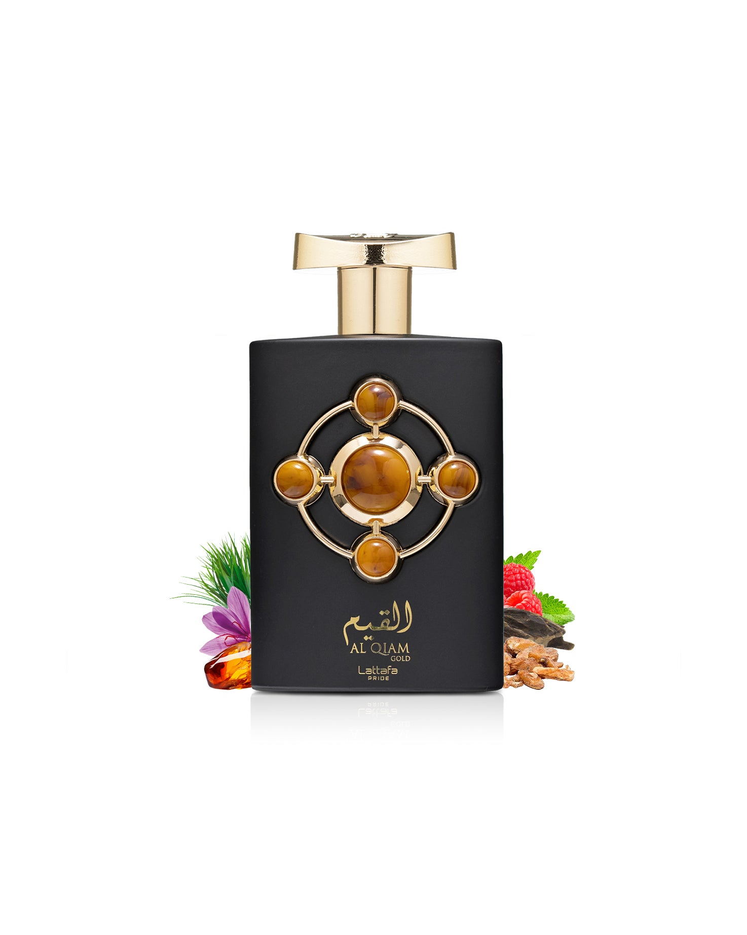 lattafa al qiam gold perfume bottle surrounded with fragrance notes like saffron and amber shows from behind the bottle against white background