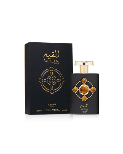 lattafa al qiam gold perfume bottle shows beside its box against white background