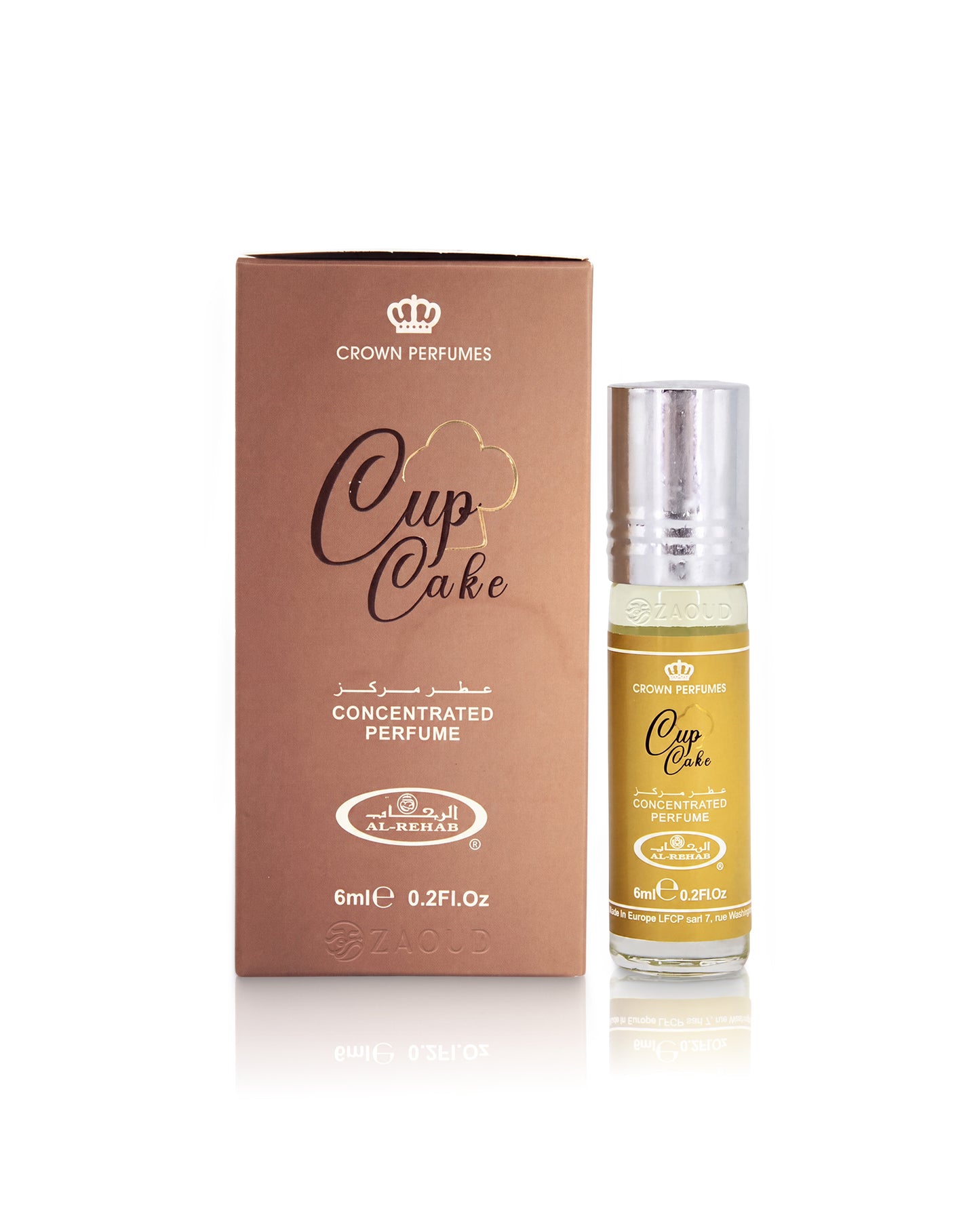 al rehab cup cake perfume oil bottle shows beside its packaging against white background