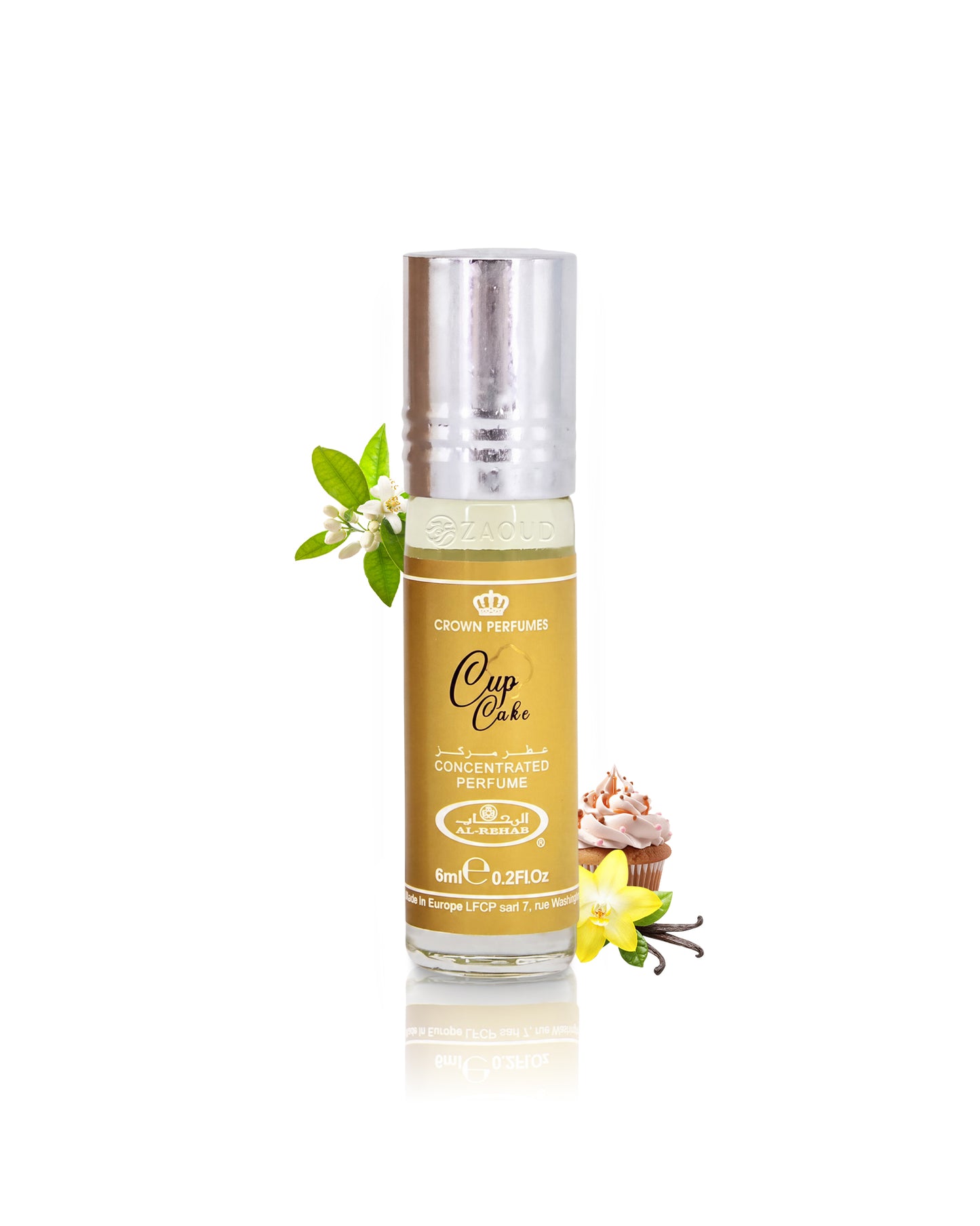 al rehab cup cake perfume oil bottle surrounded with fragrance notes like cupcake and vanilla shows against white background