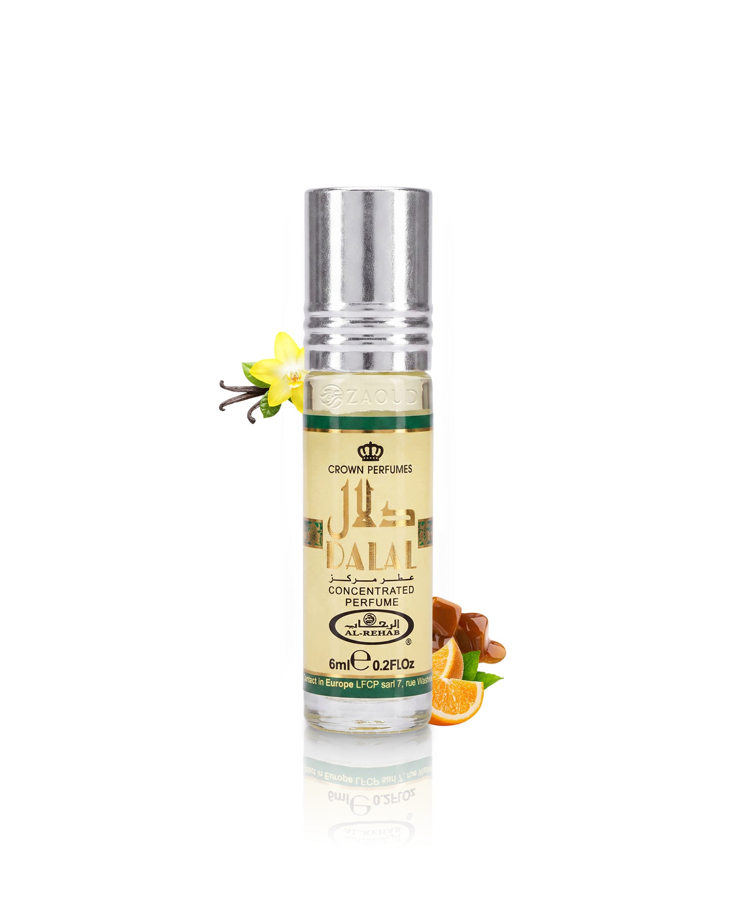 al rehab dalal perfume bottle surrounded with fragrance notes like orange and vanilla shows against white background