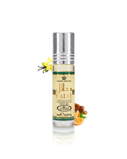 al rehab dalal perfume bottle surrounded with fragrance notes like orange and vanilla shows against white background