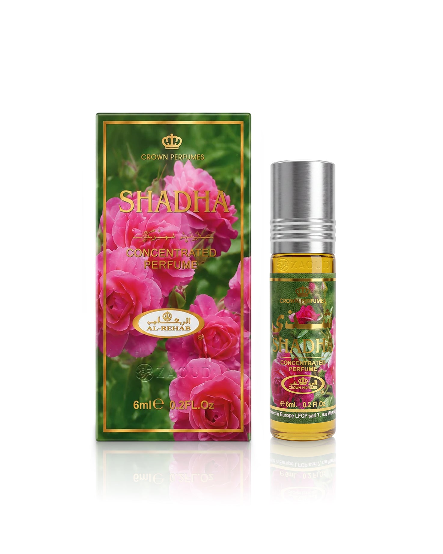al rehab shadha perfume oil bottle shows beside its packaging against white background