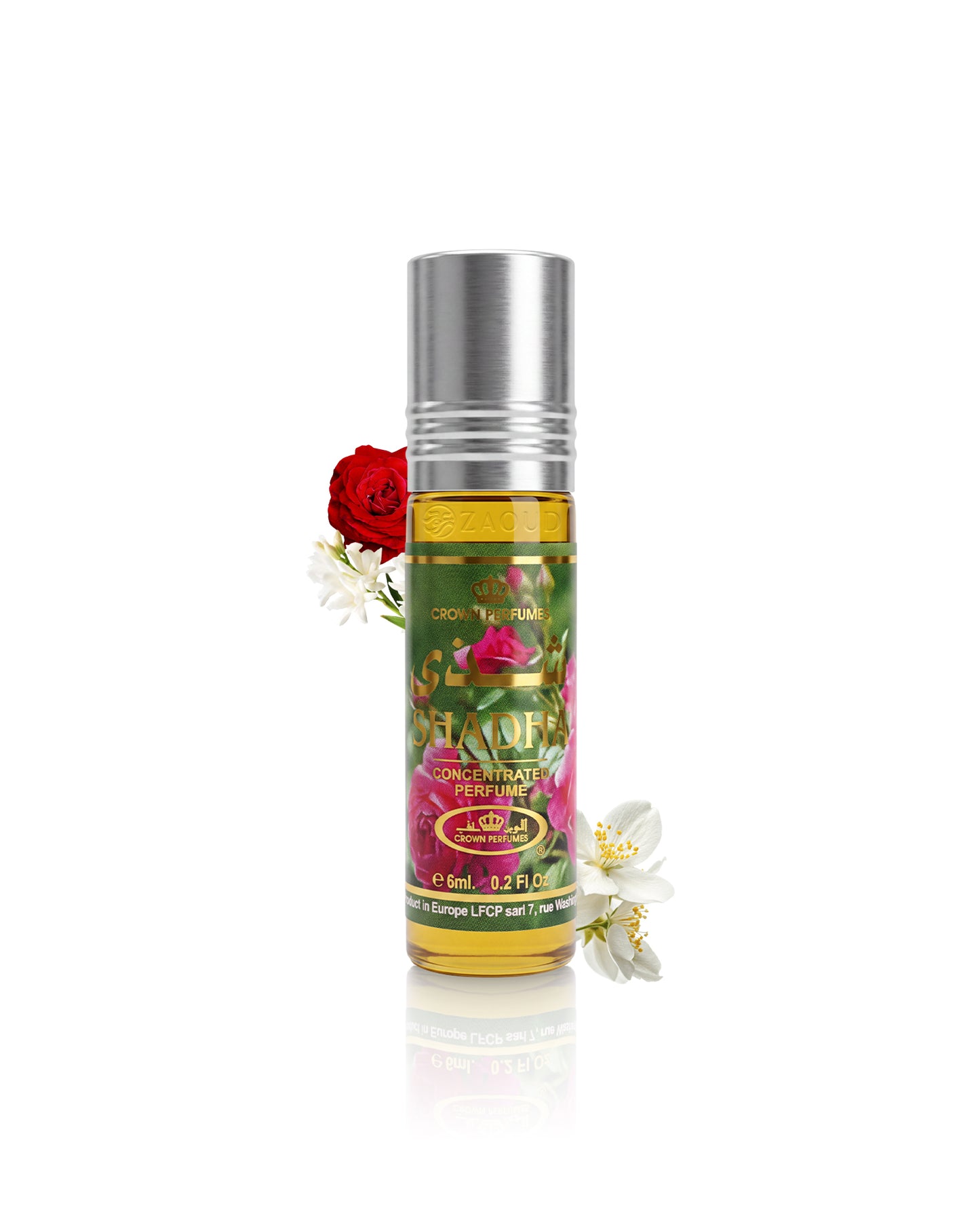al rehab shadha perfume oil bottle surrounded with flowers like rose and jasmine shows against white background