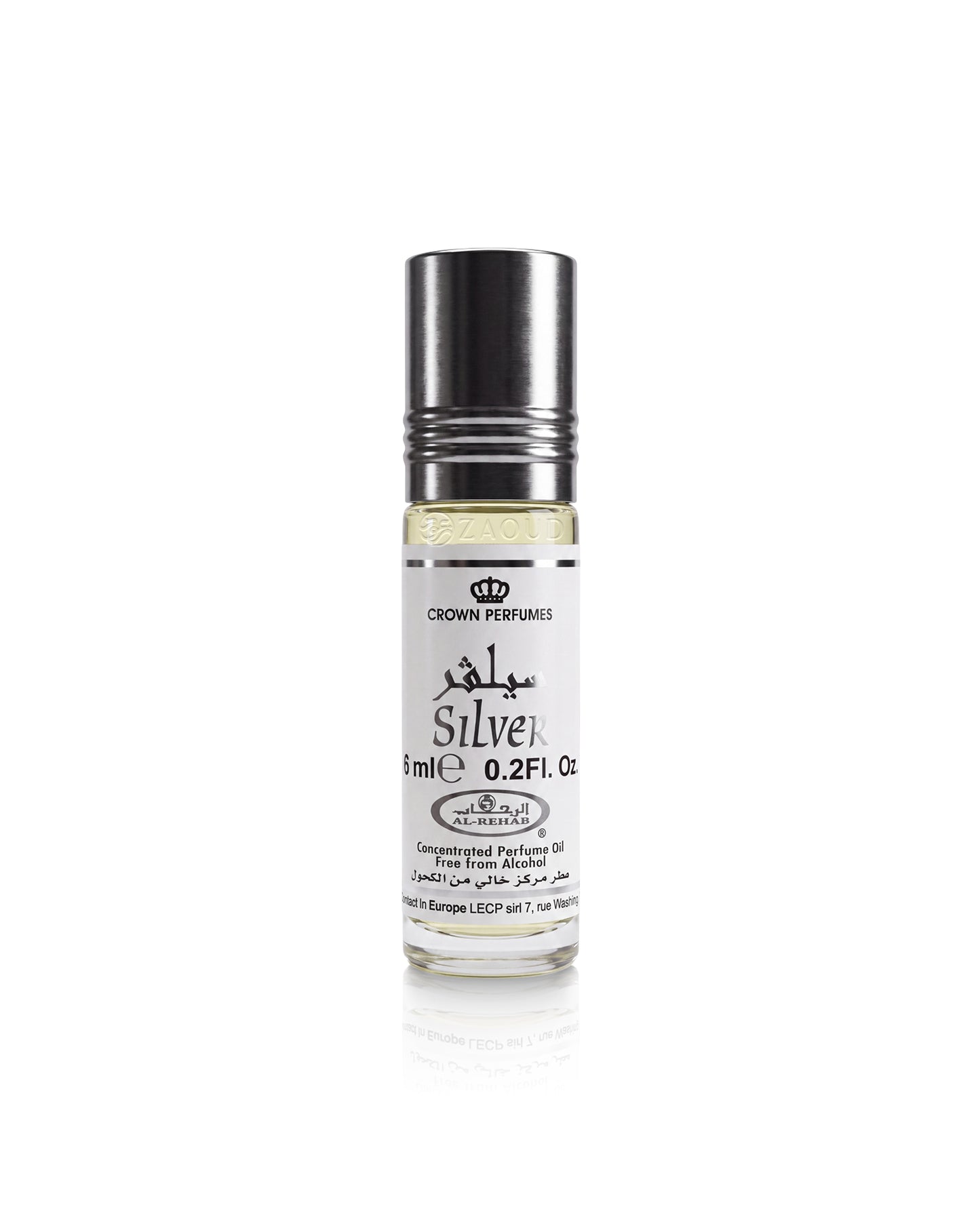 al rehab silver perfume oil bottle shows against white background