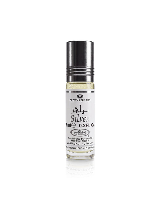 al rehab silver perfume oil bottle shows against white background