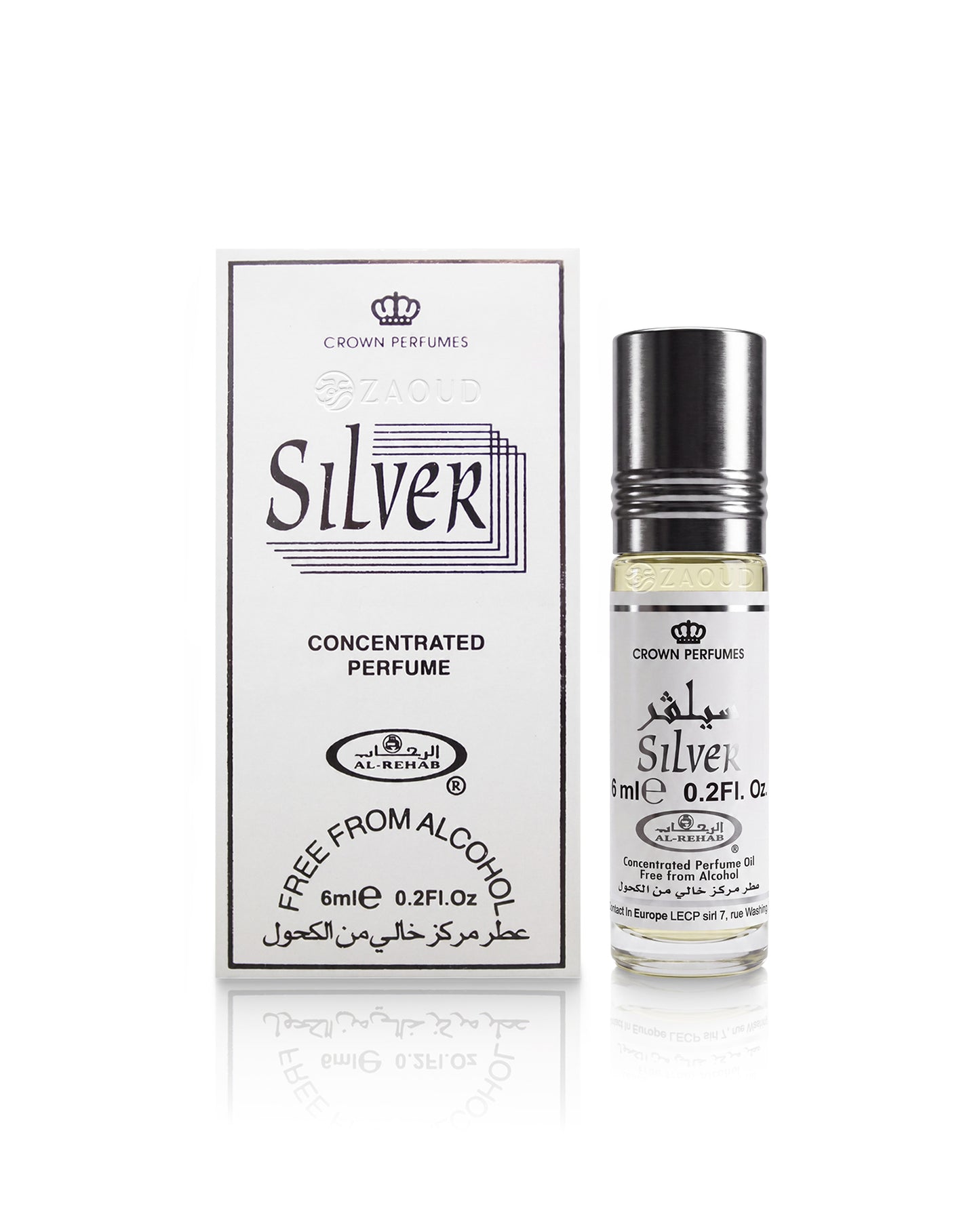 al rehab Silver concentrated perfume roll-on bottle with its white packaging box, featuring black text and a silver cap, on a white reflective background.