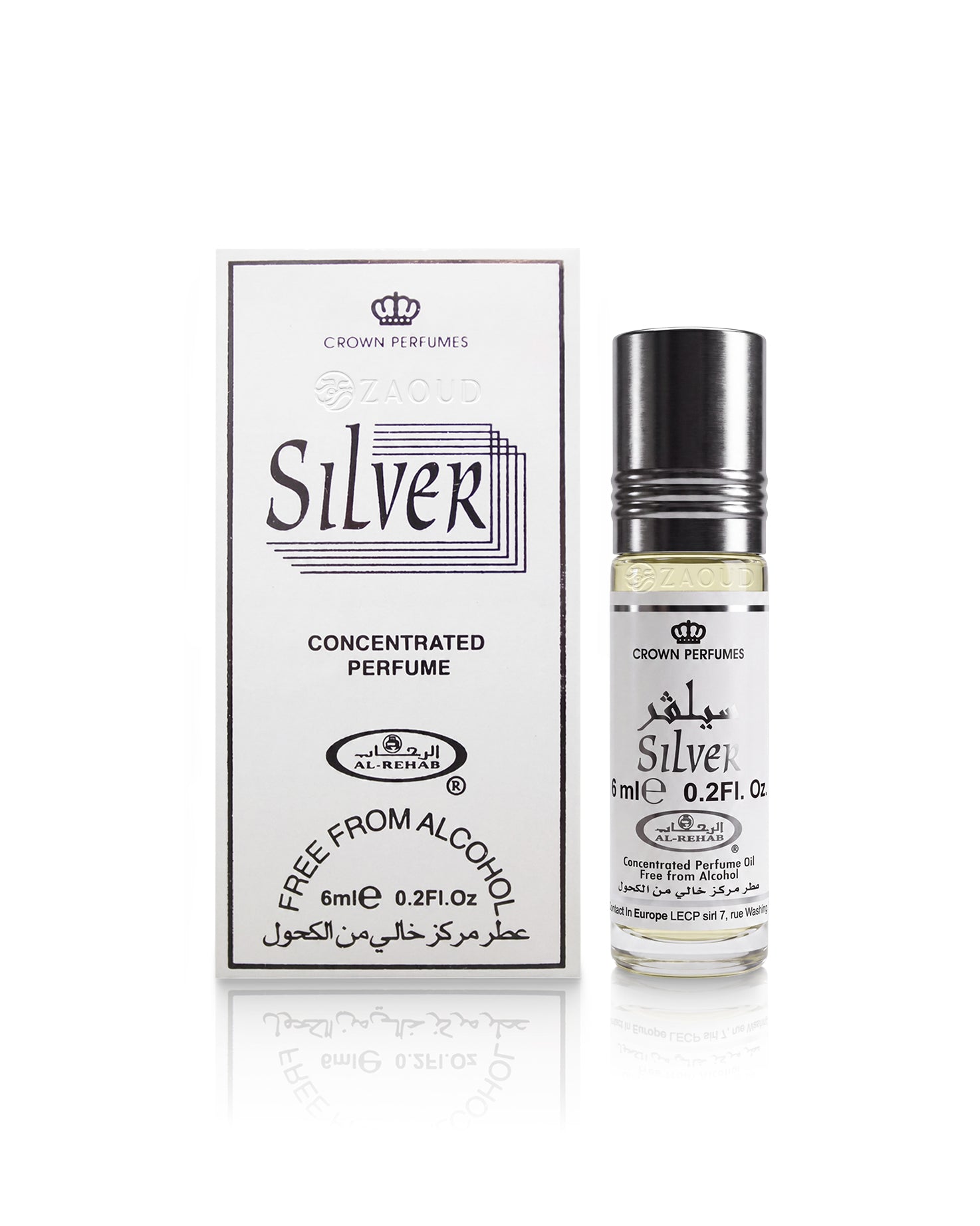 al rehab Silver concentrated perfume roll-on bottle with its white packaging box, featuring black text and a silver cap, on a white reflective background.