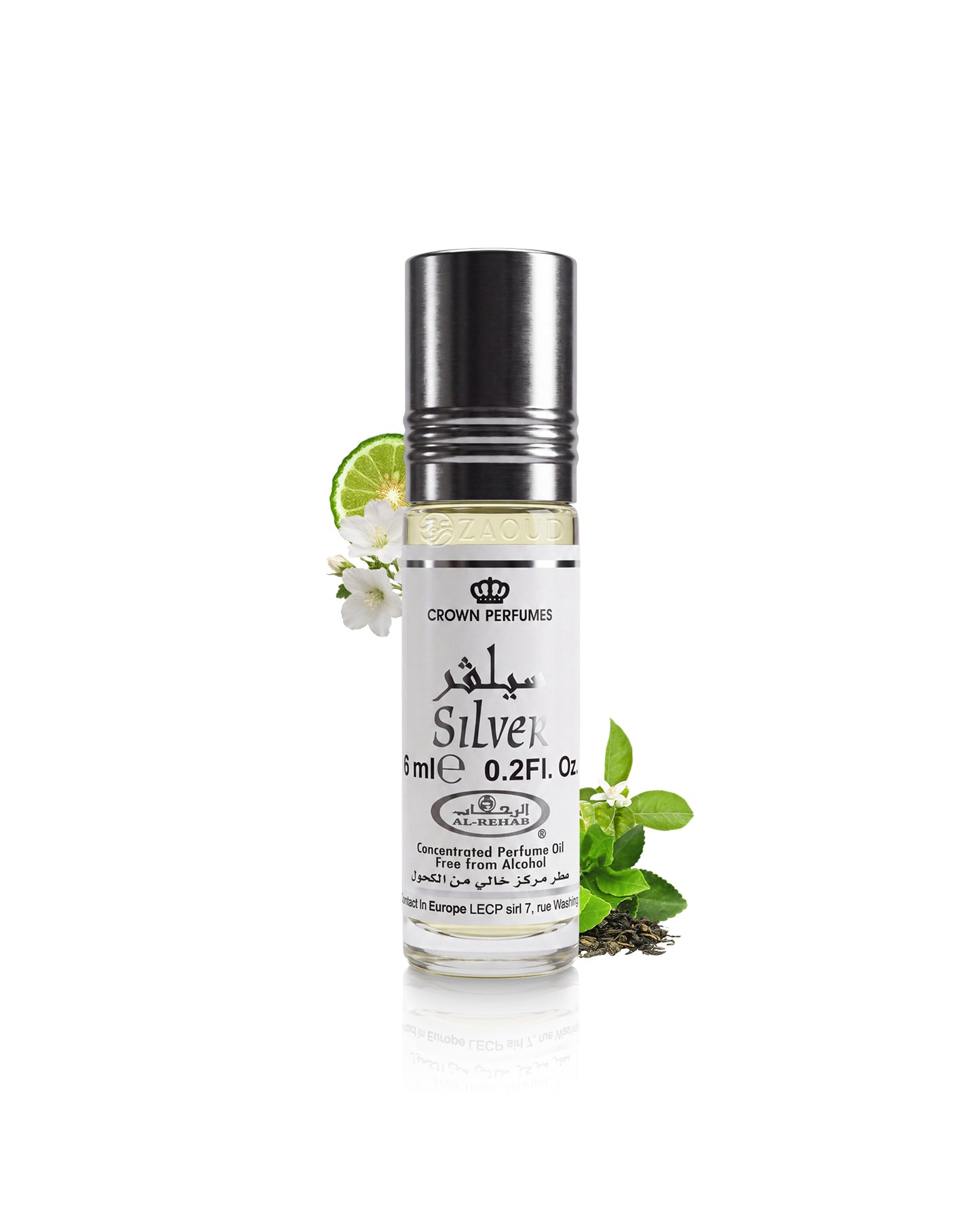 al rehab silver perfume oil bottle surrounded with fragrance notes like herb and citrus  shows against white background