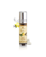 al rehab spanish vanilla perfume oil bottle surrounded with fragrance notes like sugar and vanilla shows against white background