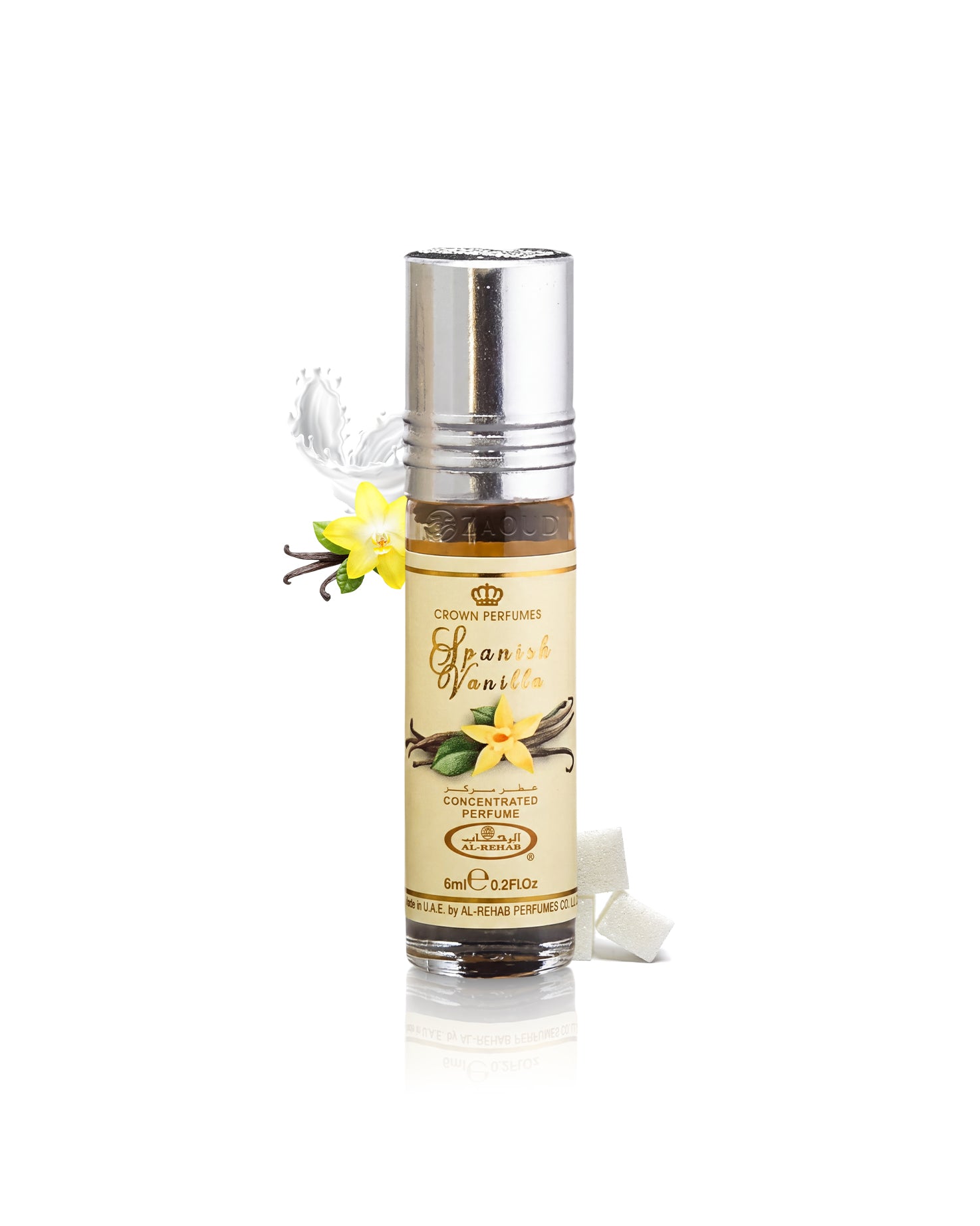 al rehab spanish vanilla perfume oil bottle surrounded with fragrance notes like sugar and vanilla shows against white background