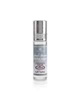 A roll-on perfume bottle labeled 'White Musk' by Crown Perfumes, featuring a silver metallic cap and a white label with gray text, set against a plain white background with a soft reflection below.