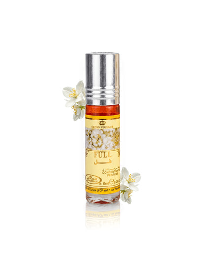 al rehab full perfume oil bottle surrounded with white flowers shows against white background