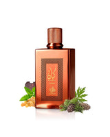 al wataniah kayaan terra perfume bottle surrounded by myrrh and leather shows against white background