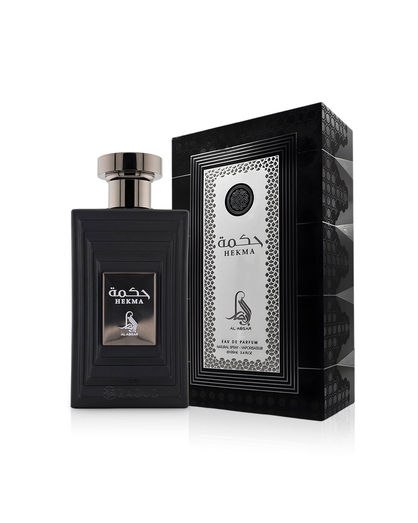 al absar hekma perfume bottle shows beside its box against white background
