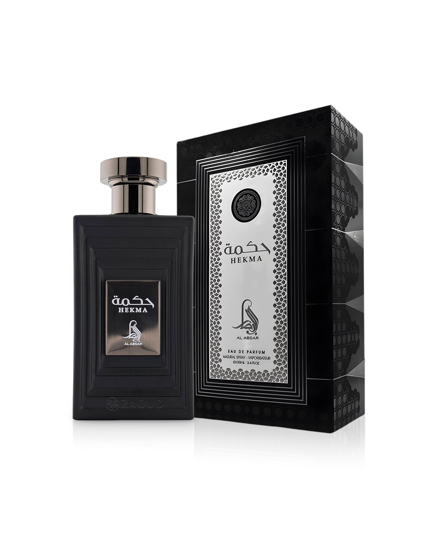 al absar hekma perfume bottle shows beside its box against white background