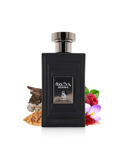 al absar hekma perfume bottle surrounded by fragrance notes like saffron and spices shows against white background
