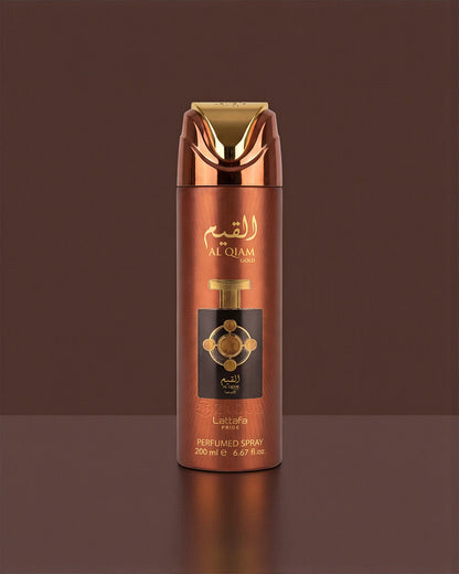 lattafa al qiam gold deodorant bottle with gold and brown design on a matching background