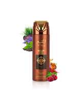 lattafa al qiam gold deodorant bottle surrounded by fragrance notes like raspberry and oud shows against white background