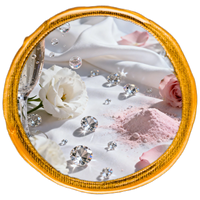 Round decorative item with gold rim featuring flowers, crystals, and a white cloth.