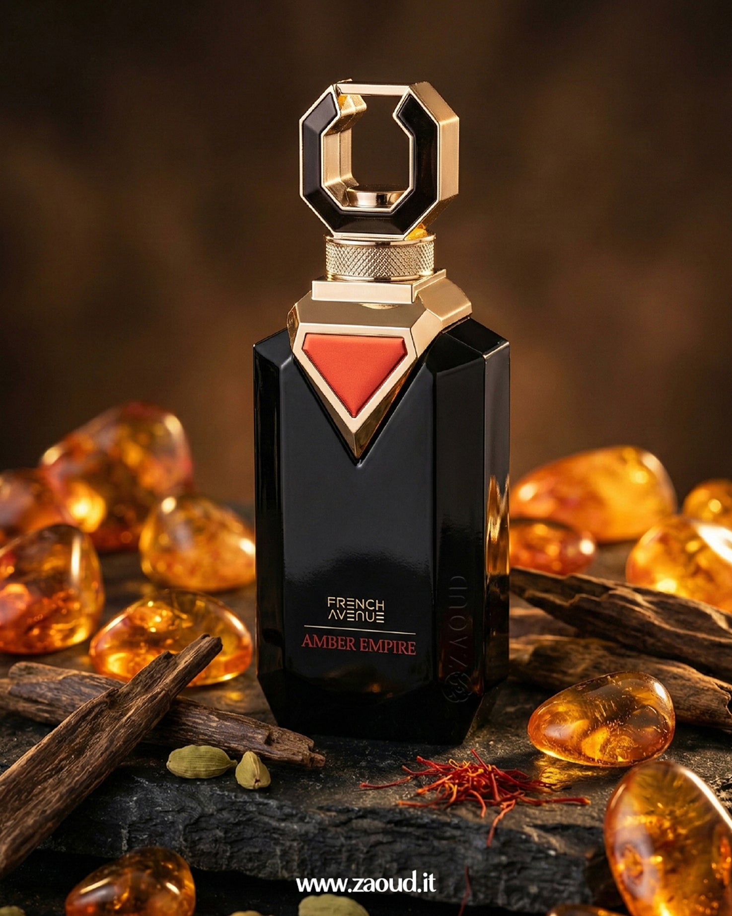 Amber empire exdp Perfume bottle with amber stones and spices on a dark background