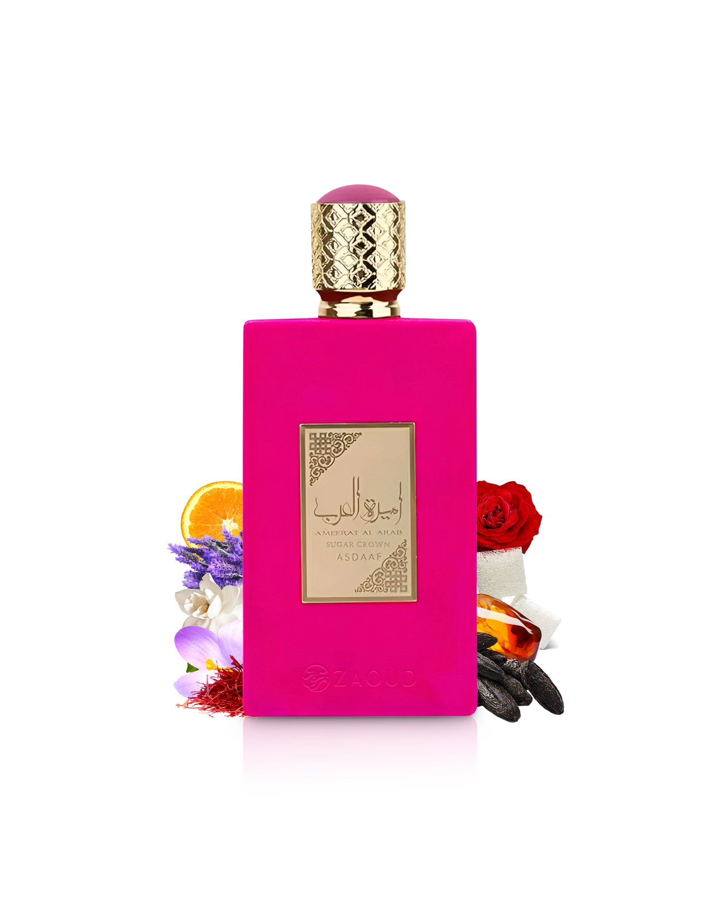 ameerat al arab sugar crown pink perfume bottle surrounded by fragrance notes like tonka and sugar shows against white background