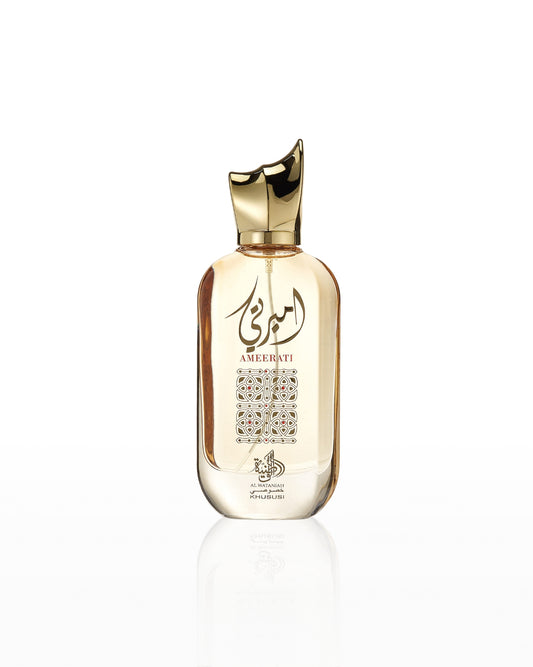 Al wataniah ameerati Perfume bottle with gold cap and detailed label on a white background