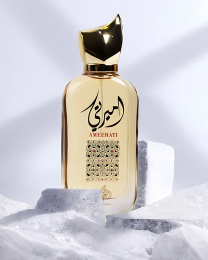 Ameerati perfume bottle photograph against white stone