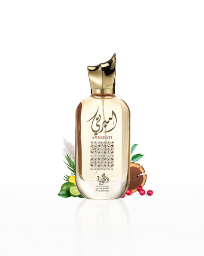 Ameerati perfume bottle surrounded by wood citrus against white background