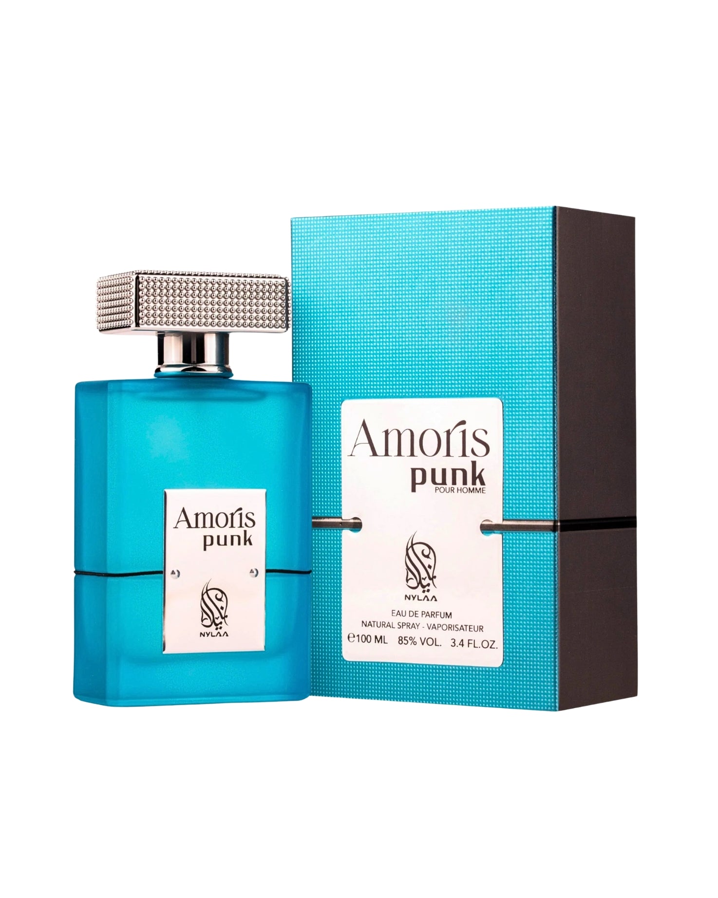 Amoris punk edp perfume bottle and box against white background