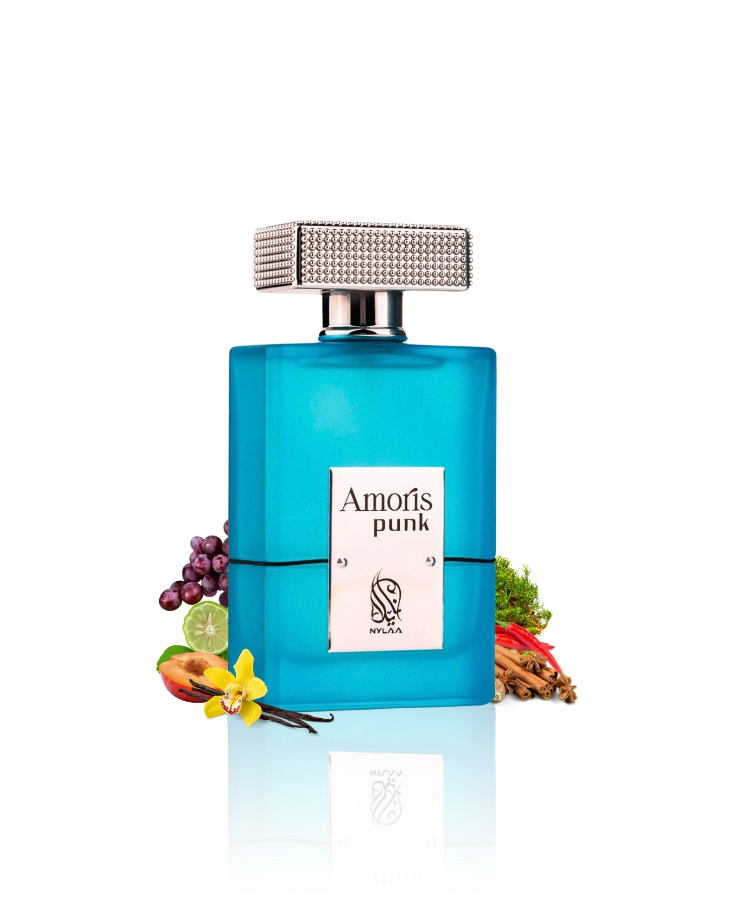 Amoris punk edp perfume bottle surrounded by vanilla grape against white background