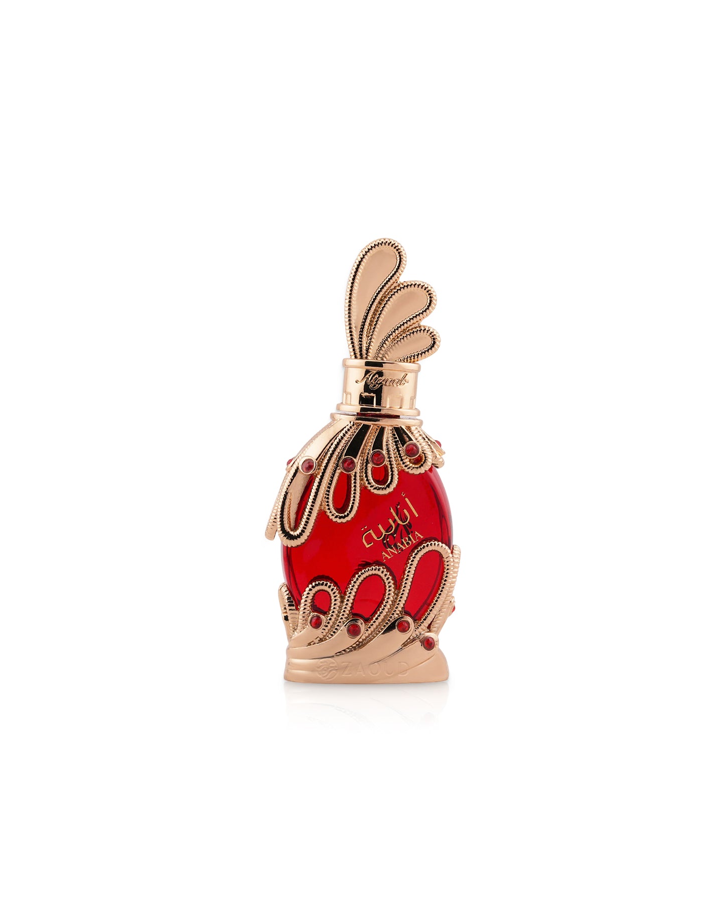 KHADLAJ anabia Red perfume oil bottle with gold accents on a white background