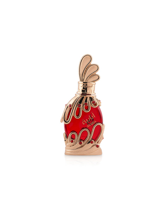 KHADLAJ anabia Red perfume oil bottle with gold accents on a white background