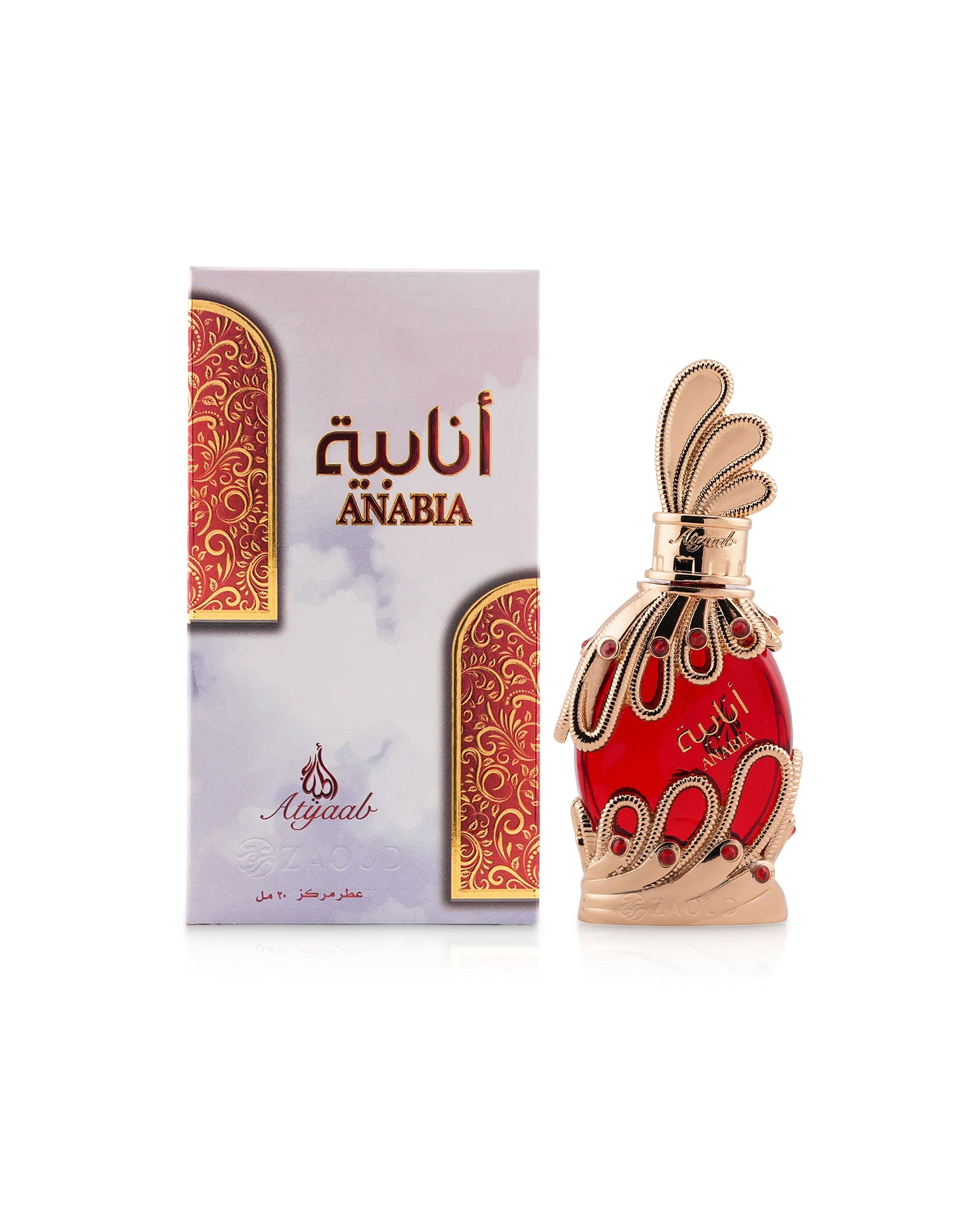 khadlaj anabia red perfume oil bottle shows beside its box against white background